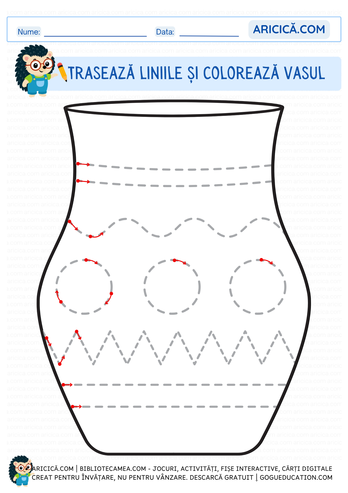 Trasează liniile și colorează vasul