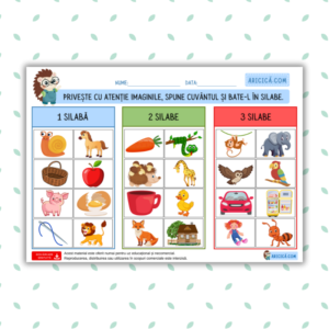 fișă de lucru pentru numărarea silabelor cu imagini colorate pentru copii"