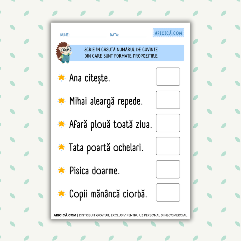 Fișă de lucru Propoziţie Numărul de cuvinte Aricică.com