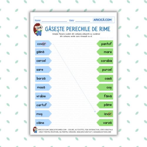 Găsește perechile de rime Unește cuvintele pentru activități logopedice copii