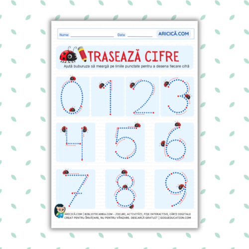 Fișă de lucru pentru preșcolari cu exerciții de trasare a cifrelor de la 0 la 9, ilustrată cu o buburuza veselă.